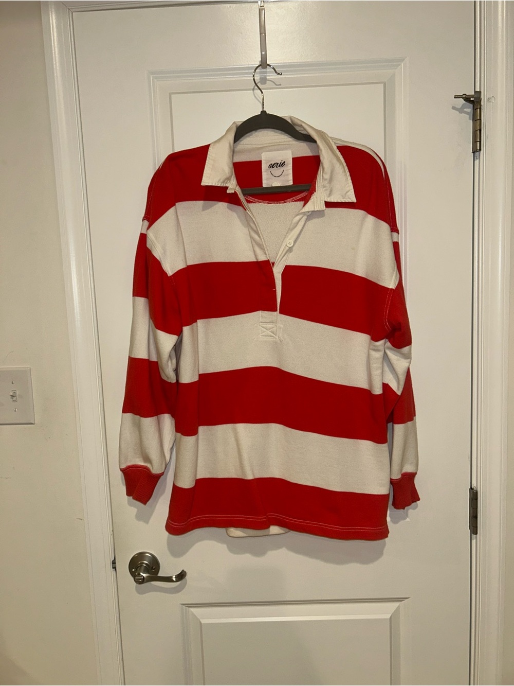 Aerie Oversized Red & Cream Rugby Shirt XL Preppy Collared Pullover - Picture 2 of 4